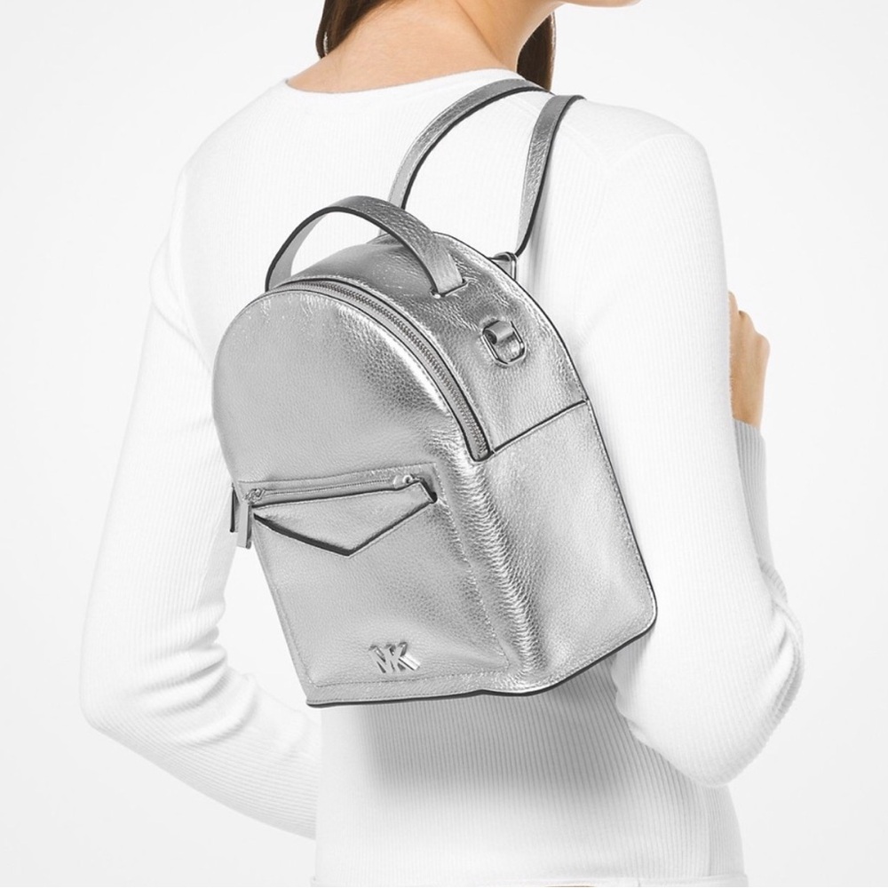 MICHAEL KORS Jessa Small Metallic silver Pebbled Leather Convertible Backpack